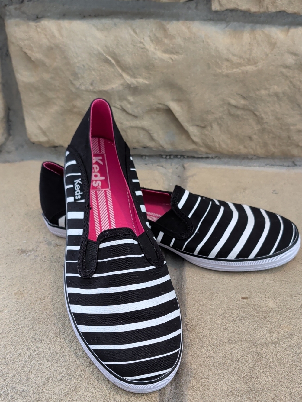 Keds Black & White Striped Slip-On Flats